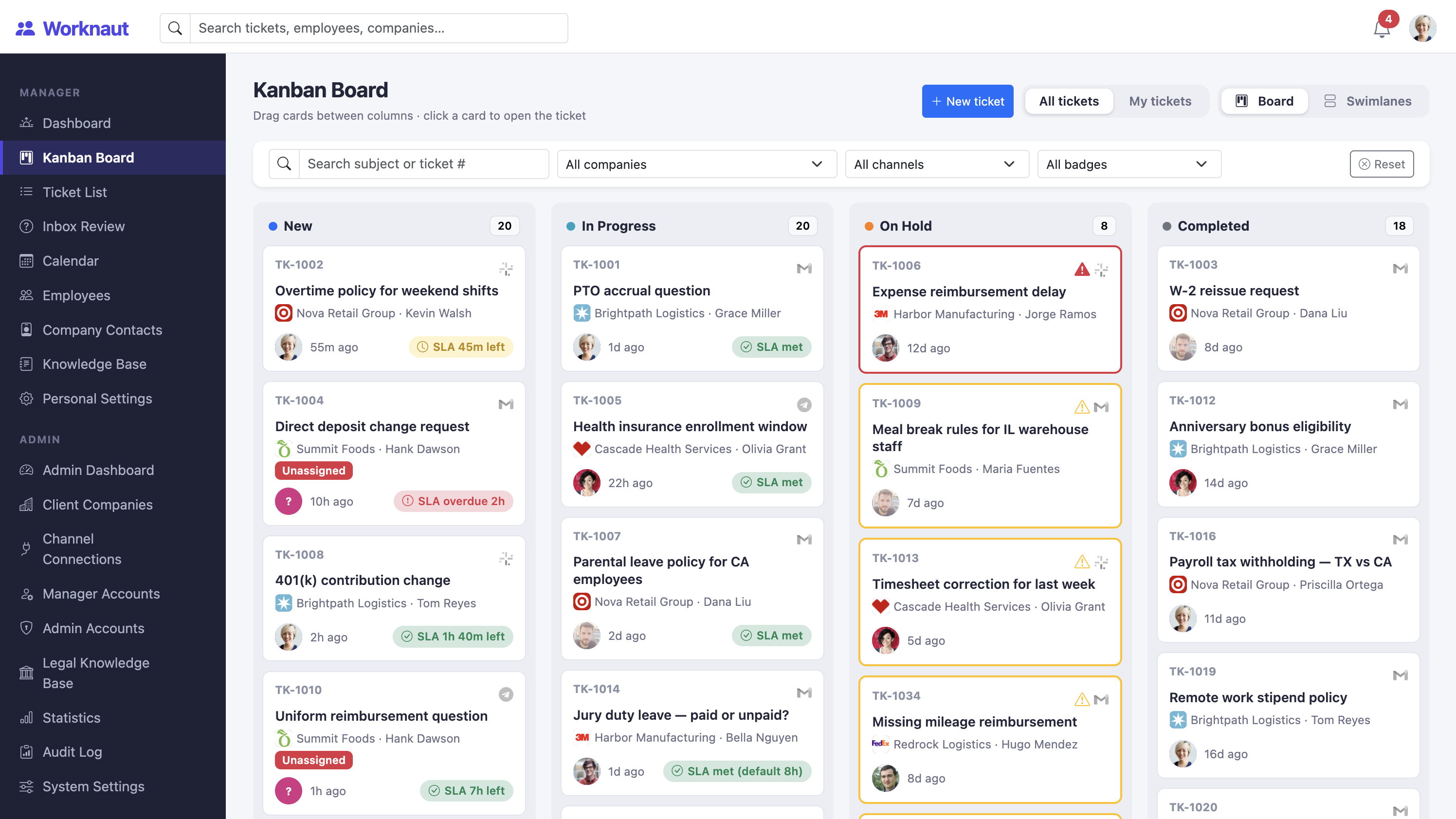 Worknaut kanban board with cases grouped by client company